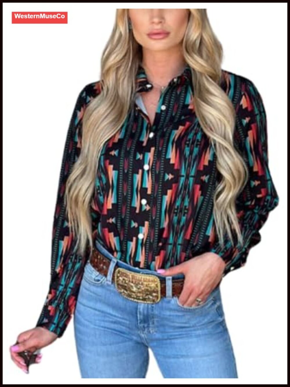 Retro Aztec Print Pearl Snap Western Blouse Long Sleeve Button Down Top